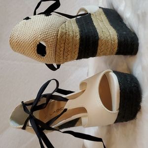 C Label Cream and Black Lace-Up Wedges